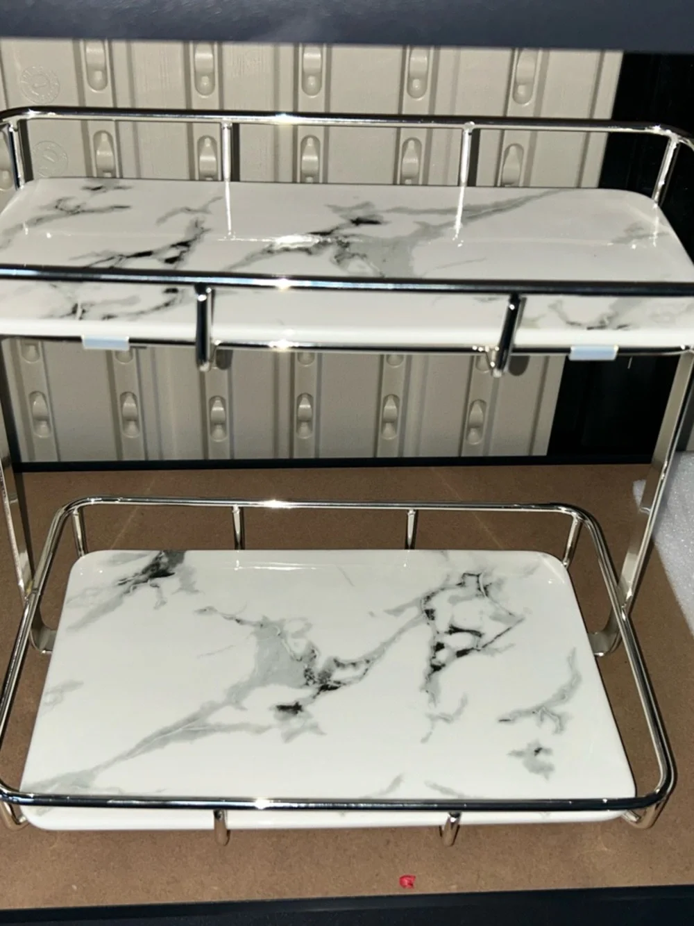 Marble-Pattern 2-Tier Bathroom Shelf Organizer - White